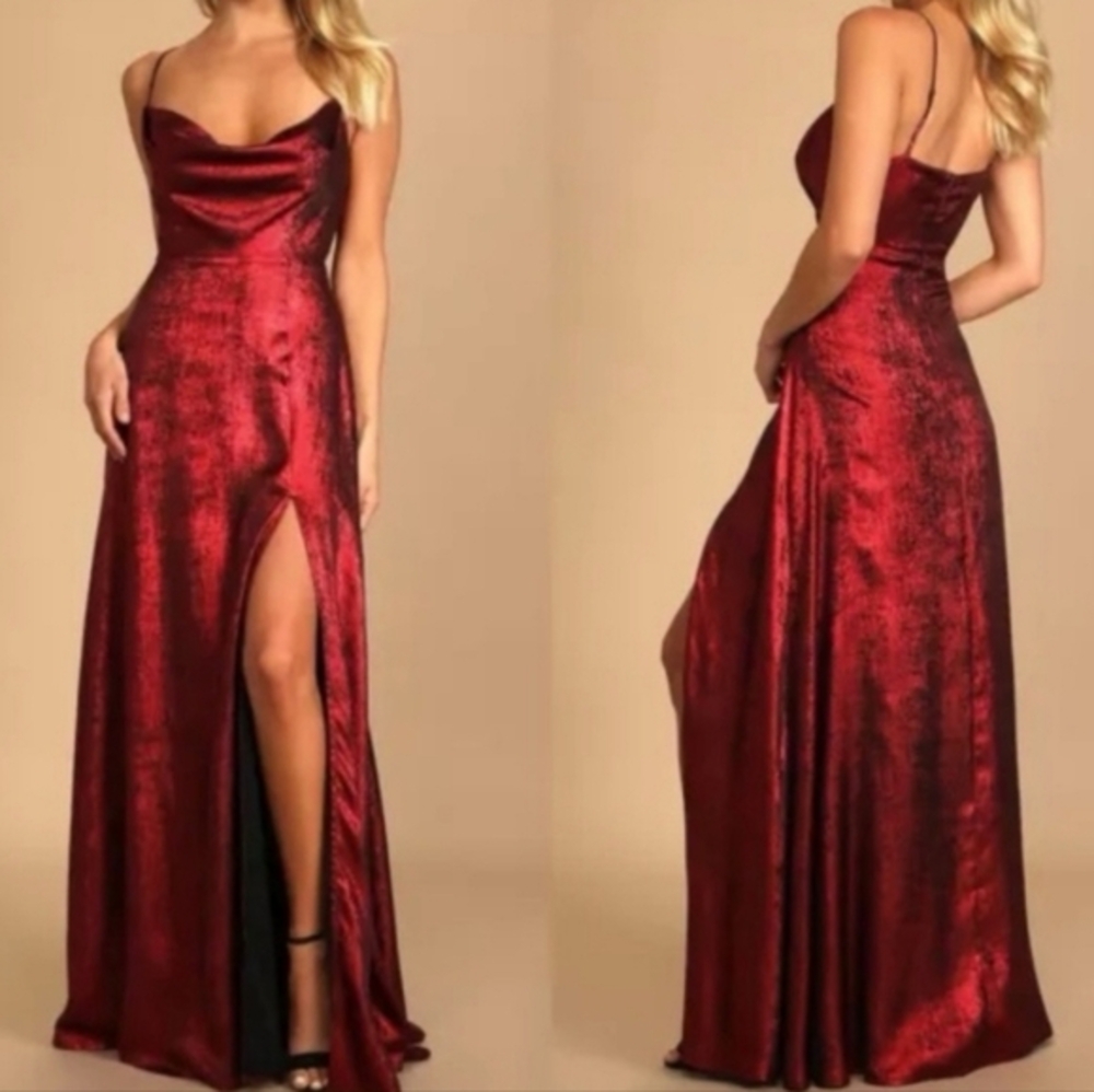 Lulus Shining Just For You Red Metallic Cowl Neck Maxi Dress Womens Size XS NEW